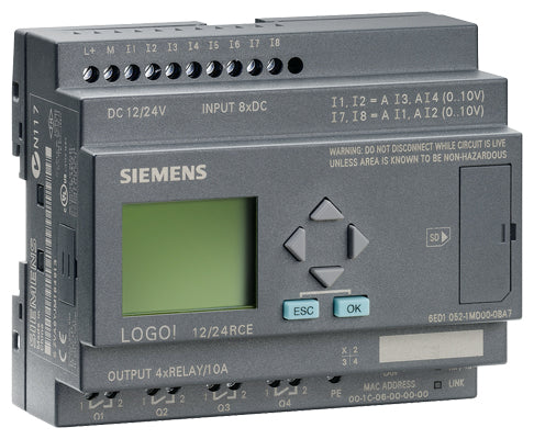 6ED1052-1MD00-0BA7 LOGO!12/24RCE,LOGIC MOD.,DISPL. PU/I/O: 12/24V DC/RELAY, 8 DI (4AI)/4 DO; MEM 400 BLOCKS EXPANDABLE, ETHERNET
