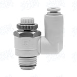 SMC Type J‑AS1301F‑M5‑06 Universal Pneumatic Speed Control Valve, M5×0.8 Male Thread to 6mm Push‑In Fitting, Meter‑Out Exhaust Throttle Valve, 360° Swivel Rotary Flow Controller for Compact Automation