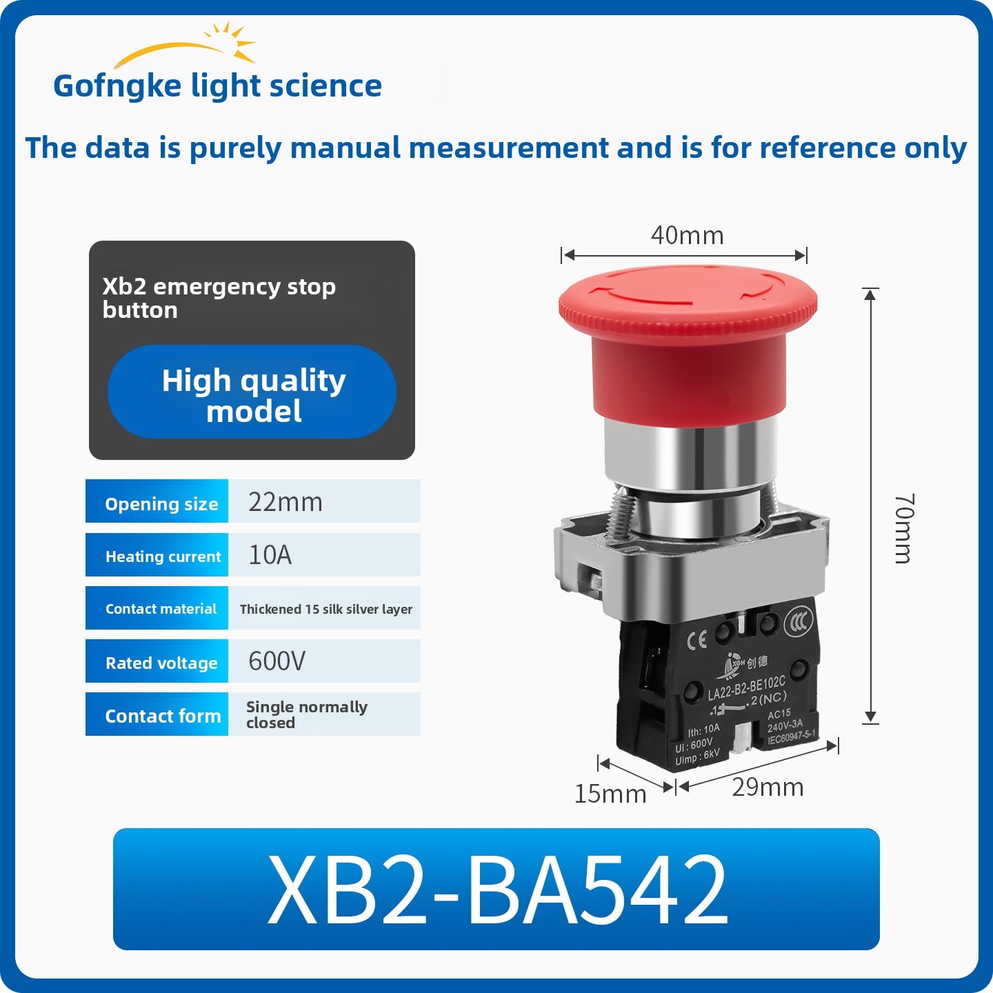 XB2 Series 22mm Push Button Switch, Self‑Reset Momentary / Knob Selector / Emergency Stop, BA31 (Green 1NO) / BA42 (Red 1NC) / BD21 (2‑Position Knob) / BS542 (Mushroom Head E‑Stop), IP65 Industrial Control Switch