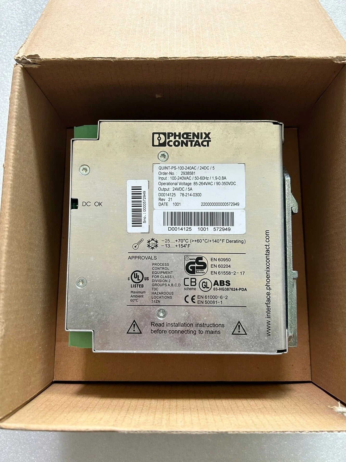 100% Original Phoenix Contact QUINT‑PS‑100‑240AC/24DC/5 Power Supply 2938581, 24VDC 5A 120W, Single‑Phase Input, DIN Rail Power Unit, Fast Shipping