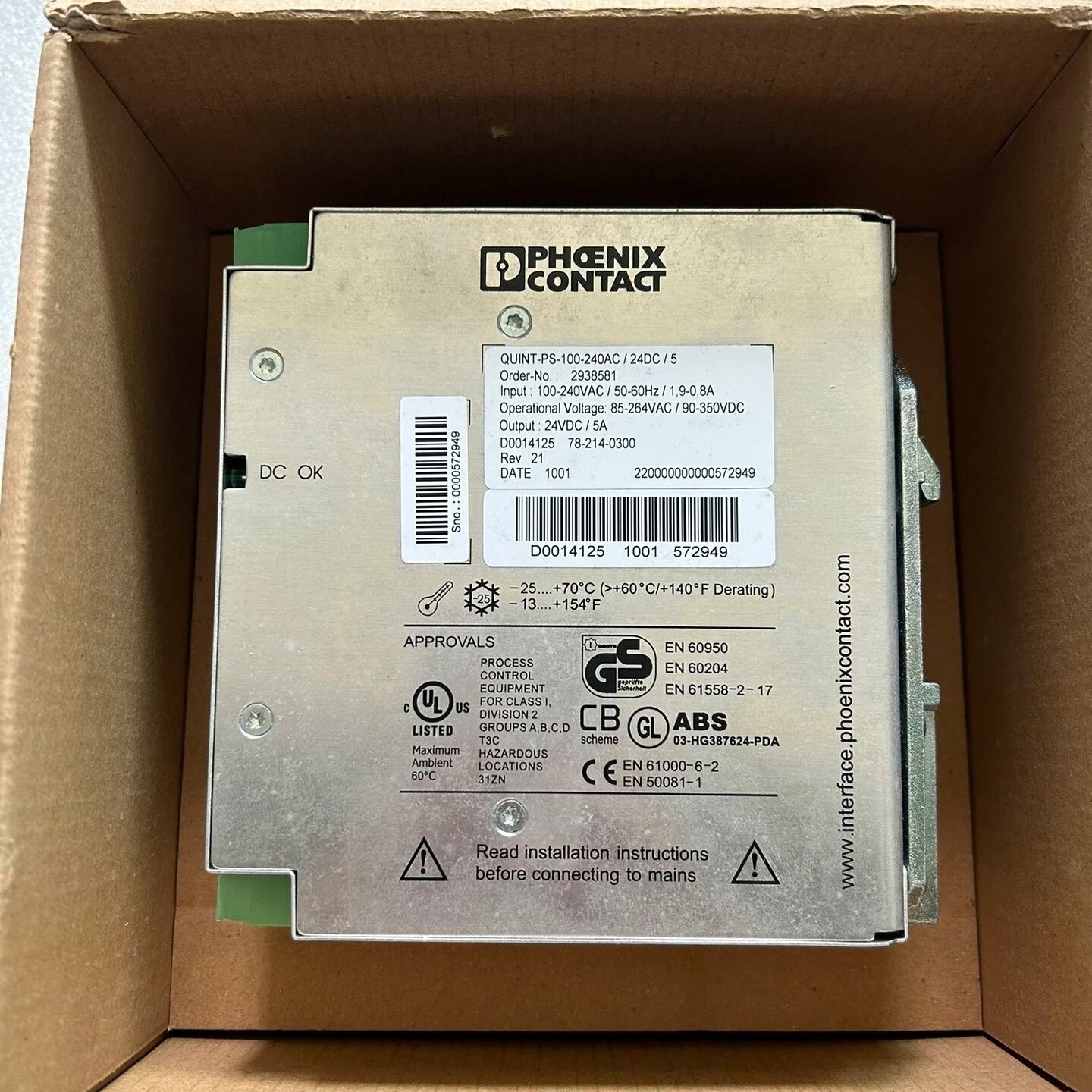 100% Original Phoenix Contact QUINT‑PS‑100‑240AC/24DC/5 Power Supply 2938581, 24VDC 5A 120W, Single‑Phase Input, DIN Rail Power Unit, Fast Shipping