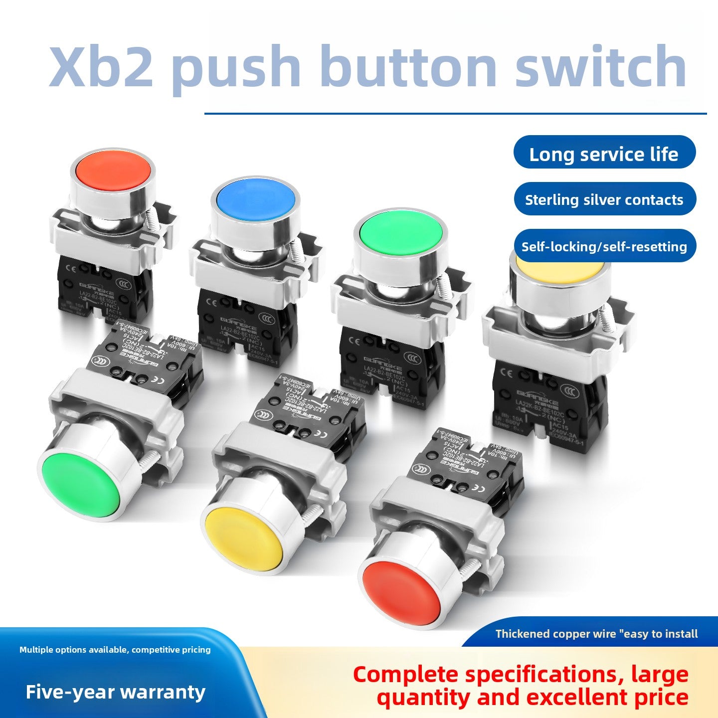 XB2 Series 22mm Push Button Switch, Self‑Reset Momentary / Knob Selector / Emergency Stop, BA31 (Green 1NO) / BA42 (Red 1NC) / BD21 (2‑Position Knob) / BS542 (Mushroom Head E‑Stop), IP65 Industrial Control Switch