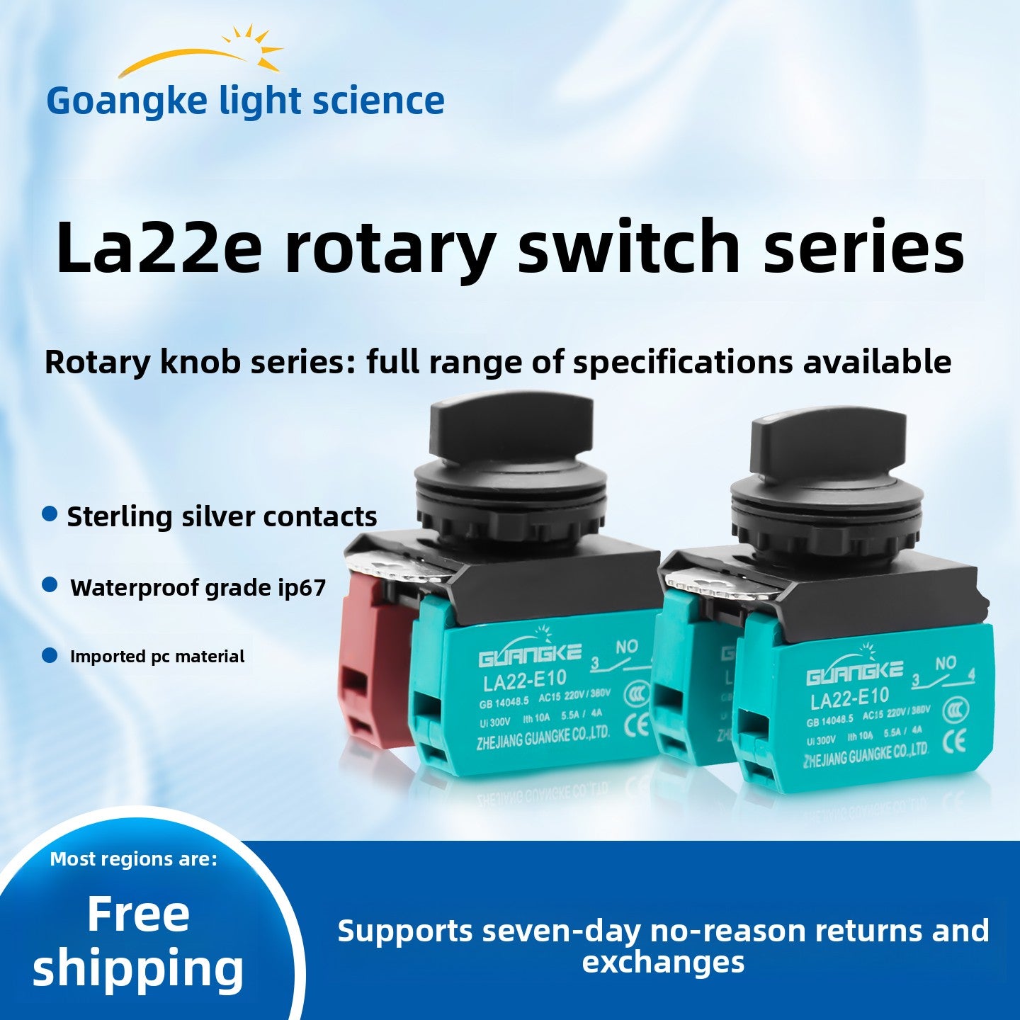 LA22E 22mm IP67 Rotary Switch | 2‑/3‑Position | Black Silver‑Contact Selector