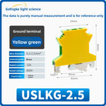 Yellow‑Green Grounding Terminal Blocks USLKG2.5 / USLKG5 / USLKG6 / USLKG10 & UK2.5JD, DIN Rail Mount Protective Earth (PE) Terminal, Two‑Color Screw Clamp Ground Terminal Block for Industrial Control Panels