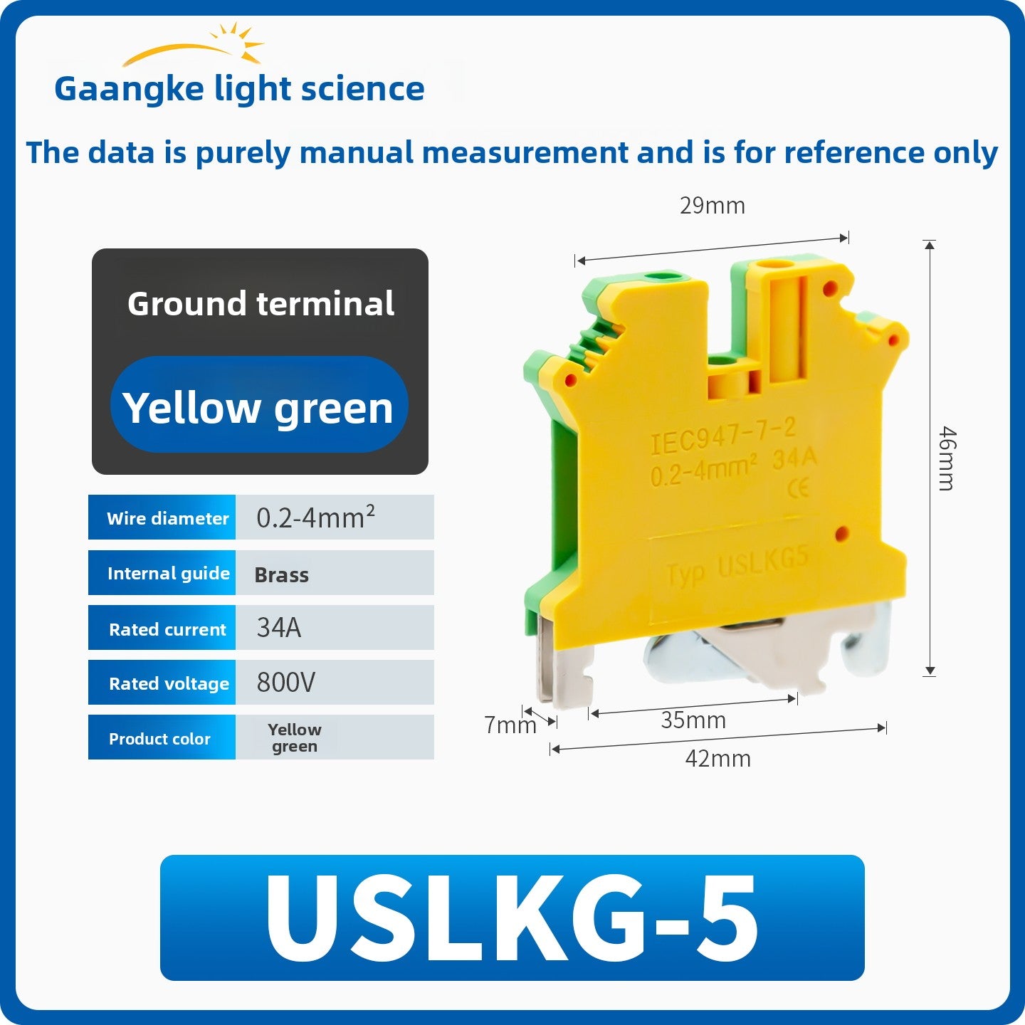 Yellow‑Green Grounding Terminal Blocks USLKG2.5 / USLKG5 / USLKG6 / USLKG10 & UK2.5JD, DIN Rail Mount Protective Earth (PE) Terminal, Two‑Color Screw Clamp Ground Terminal Block for Industrial Control Panels