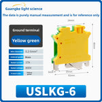 Yellow‑Green Grounding Terminal Blocks USLKG2.5 / USLKG5 / USLKG6 / USLKG10 & UK2.5JD, DIN Rail Mount Protective Earth (PE) Terminal, Two‑Color Screw Clamp Ground Terminal Block for Industrial Control Panels