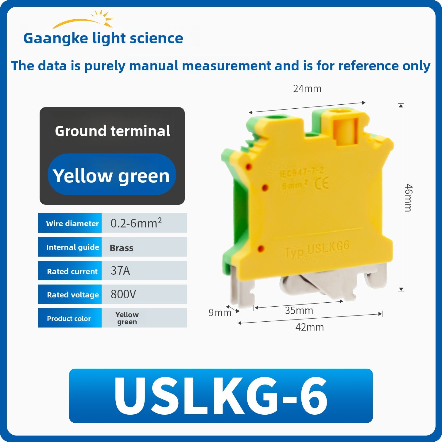 Yellow‑Green Grounding Terminal Blocks USLKG2.5 / USLKG5 / USLKG6 / USLKG10 & UK2.5JD, DIN Rail Mount Protective Earth (PE) Terminal, Two‑Color Screw Clamp Ground Terminal Block for Industrial Control Panels