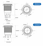 12/16/19/22mm Round Metal Illuminated Push Button Switch, 24V DC IP67 Waterproof, Self‑Locking Latching / Momentary Self‑Reset, LED Indicator (Red/Green/Blue/White), Stainless Steel Industrial Control Button for Machinery, Panels & Equipment