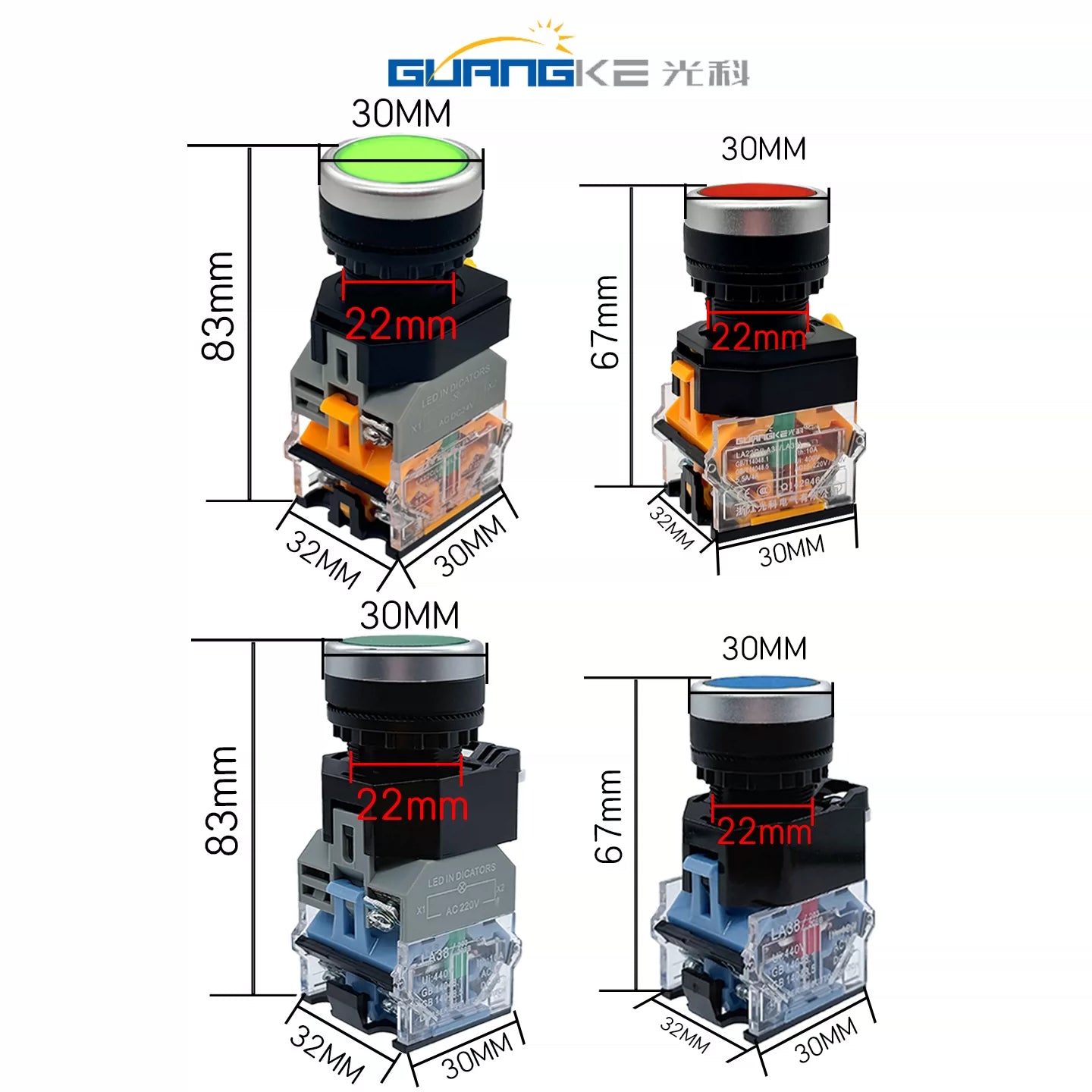 LA38-11BN 22mm Panel Mount Push Button Switch, Self Reset Momentary / Self Lock Latching Available, Illuminated LED Waterproof Start Stop Control Button for Industrial CNC Automation Equipment