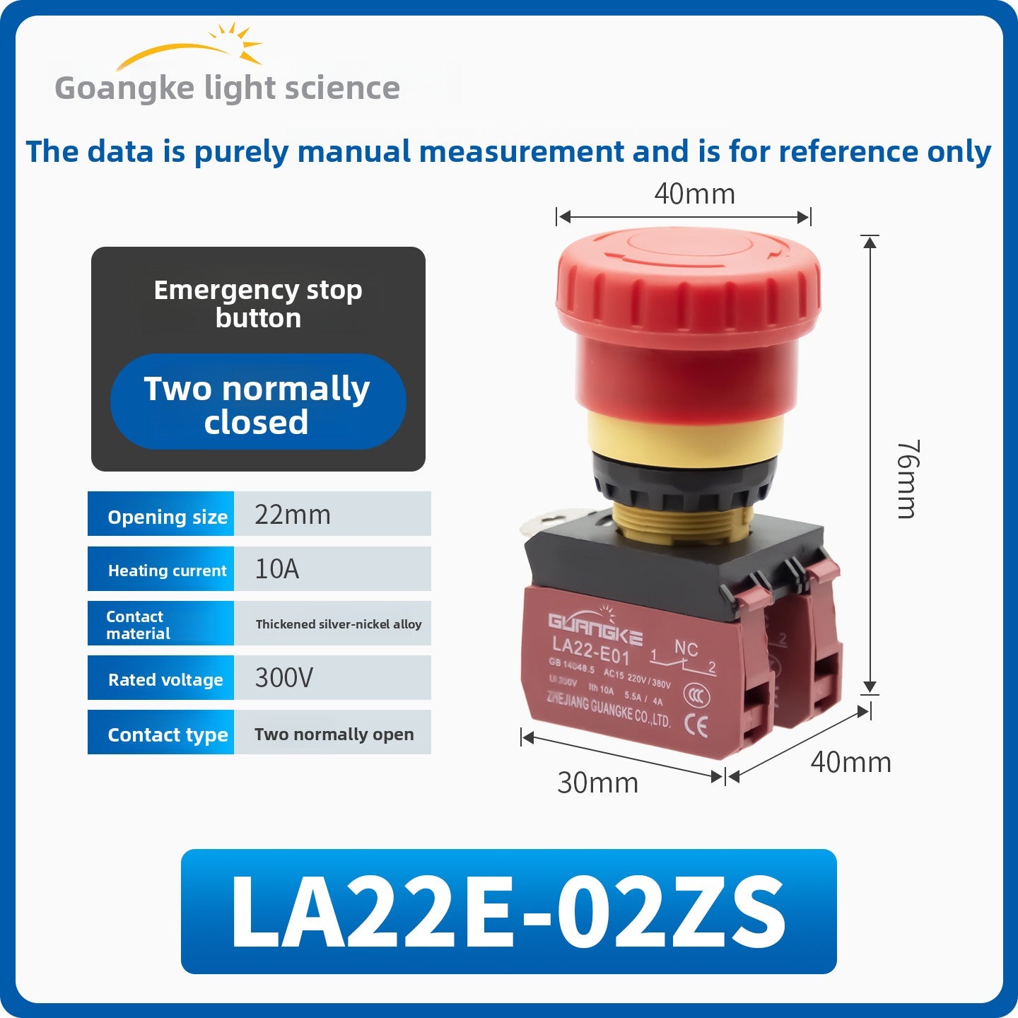 Guangke LA22E IP67 Waterproof Emergency Stop Button Switch, 22mm Mushroom Head, Self-Locking E-Stop, Red Safety Push Button, 10A 600V, Industrial Emergency Cut-Off for CNC, Machinery, Automation