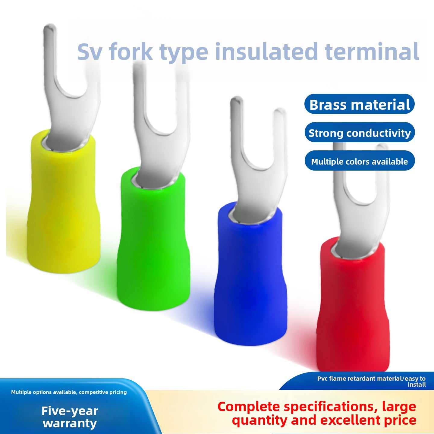 SV Y U V Fork Type Insulated Wire Terminal, Brass Open Barrel Cold Crimp Wire Lug 0.75-2mm²
