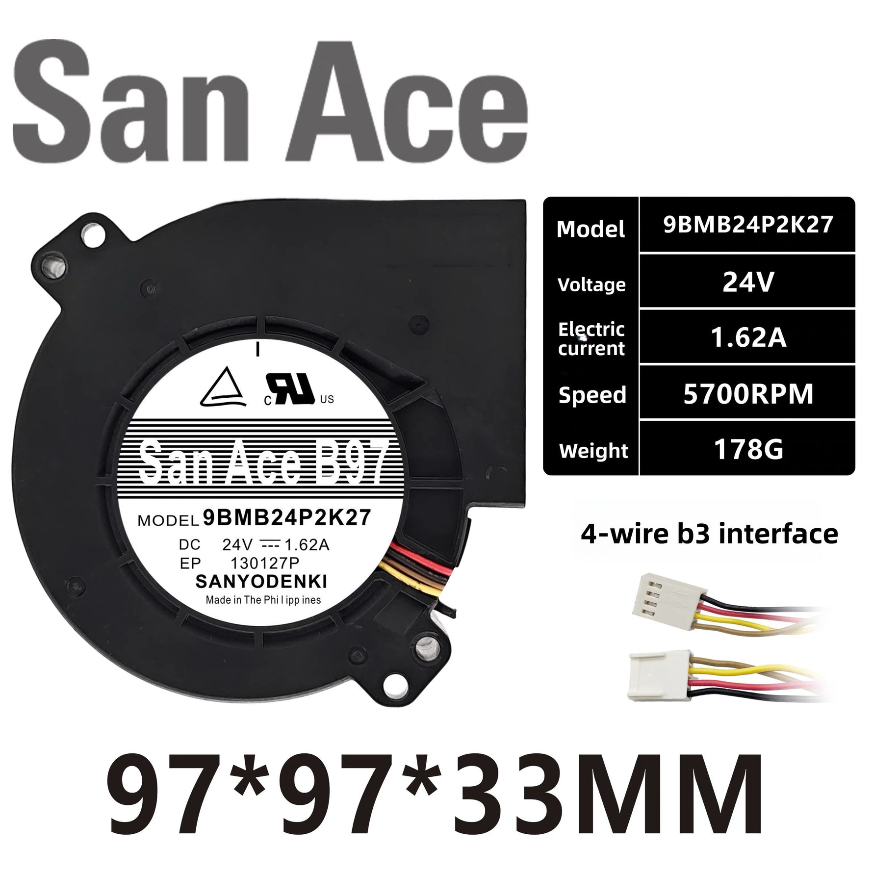 SANYO DENKI 9BMB24P2K27 DC Turbo Cooling Fan 9733 24V 1.62A for Server Cabinet Heat Dissipation