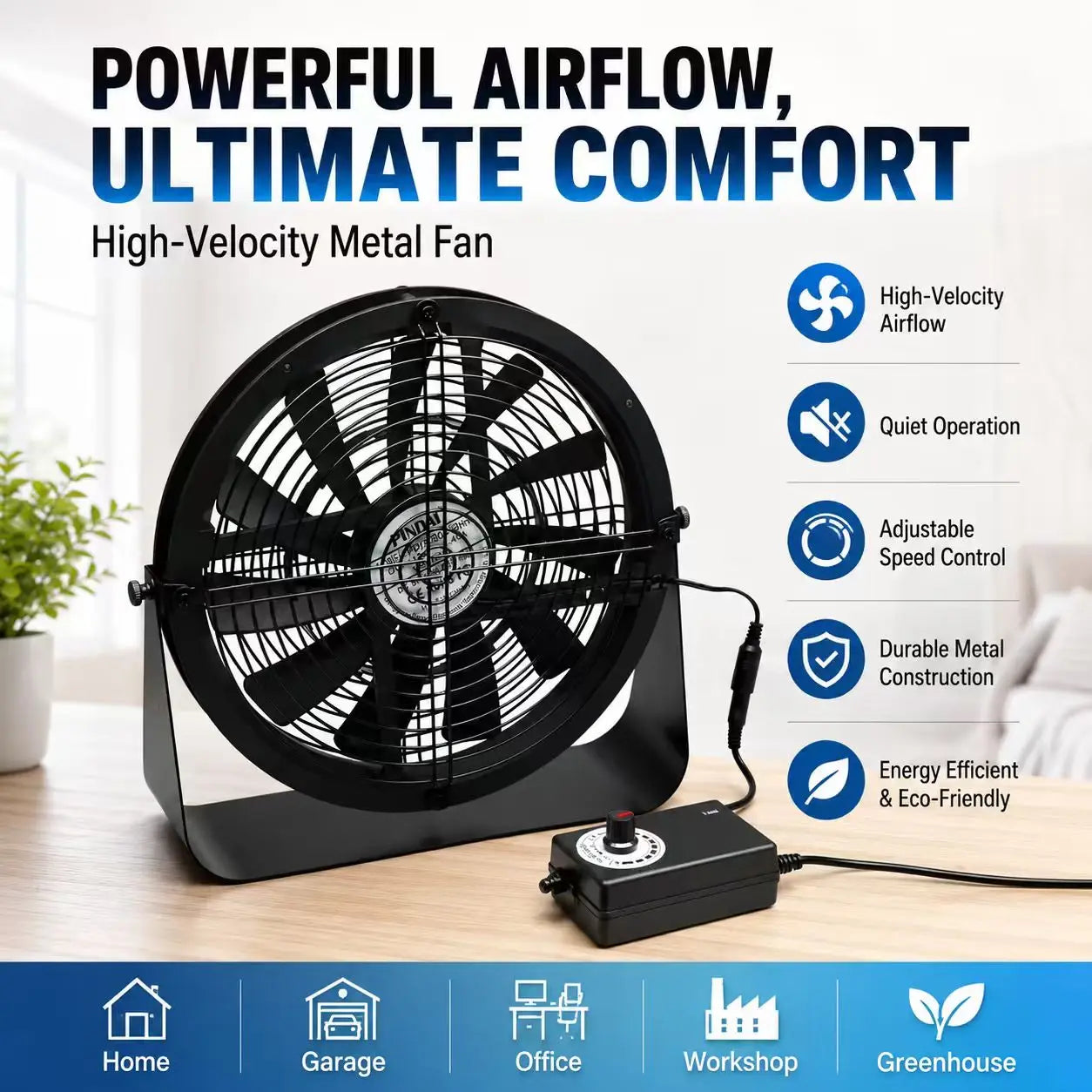 SLIDER High Velocity Metal Desk Floor Fan with Stepless Speed Controller, Heavy Duty Exhaust Cooling Fan for Garage Workshop
