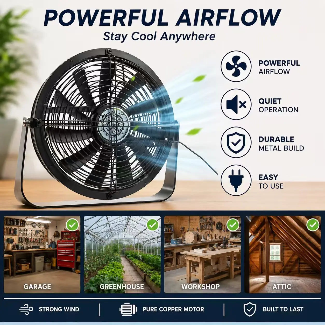 SLIDER High Velocity Metal Desk Floor Fan with Stepless Speed Controller, Heavy Duty Exhaust Cooling Fan for Garage Workshop