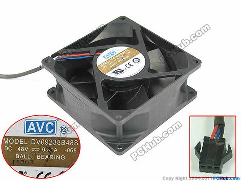 AVC DV09238B48S, -068 DC 48V 0.60A, 90x90x38mm 3-wire 3-pin connector Server Square fan
