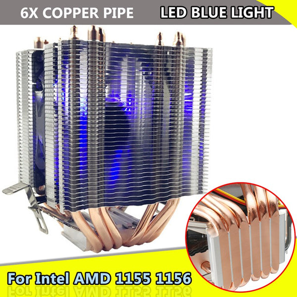 LED Blue Light CPU Fan 6X Heat Pipe For Intel LAG 1155 1156 AMD Socket AM3/AM2 High Quality Computer Cooler Cooling Fan For CPU