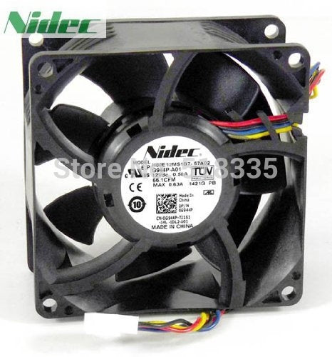 مروحة تبريد Nidec H80E12MS1B7-57A02 بحجم 80x80x38 مم، تدفق هواء 66.1 قدم مكعب في الدقيقة، 0.58 أمبير، 6.96 واط، 12 فولت PWM، موصل 4 سنون
