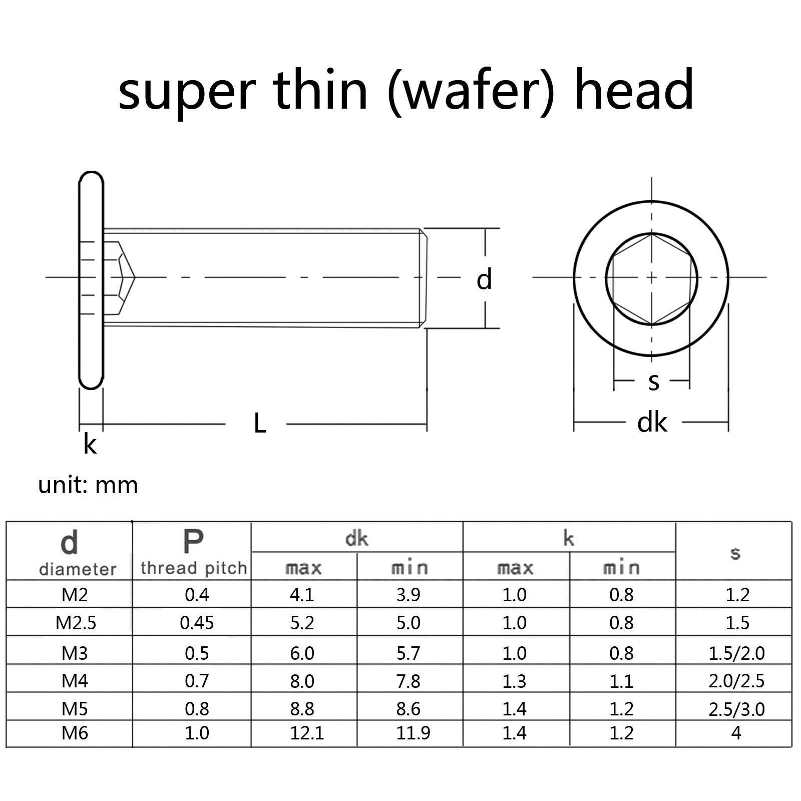 M3-M6 SS Allen Hex Hexagon Socket Ultra Thin Low Flat Wafer Cap Head Screw Bolt