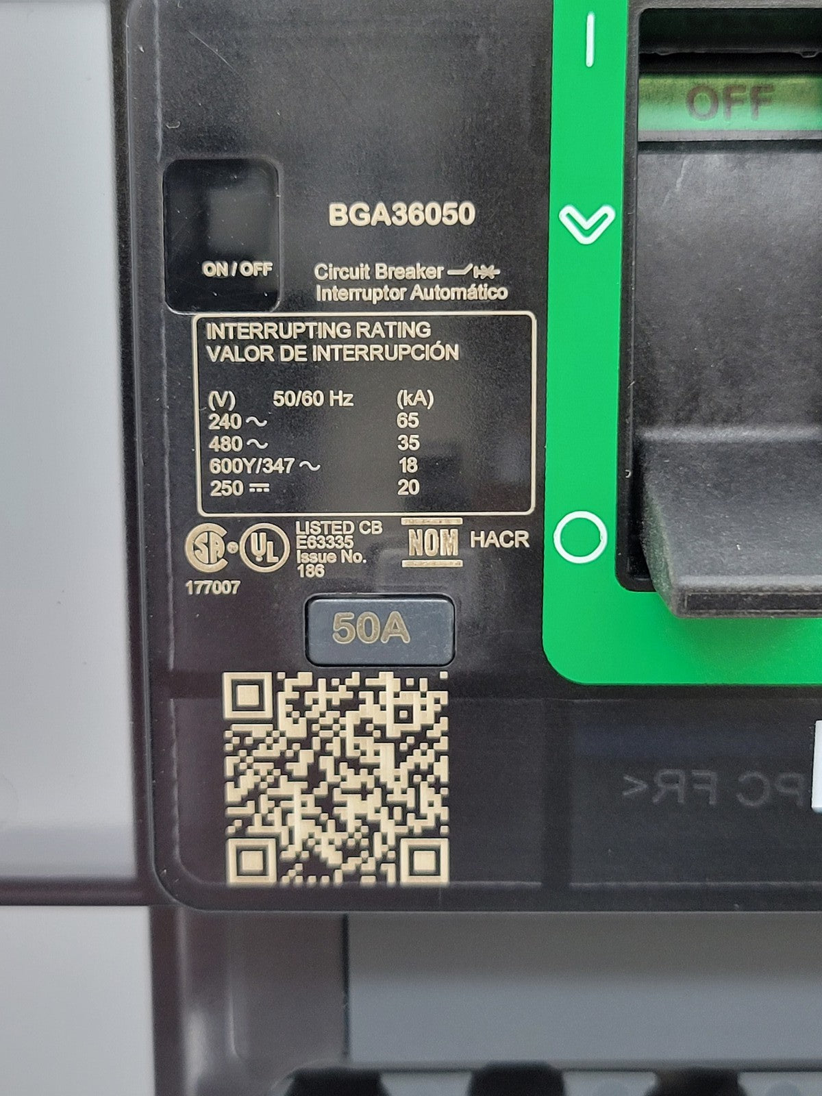 Square D BGA36050 PowerPact I-Line Circuit Breaker 50A 3P 600Y/347V BG50 Green