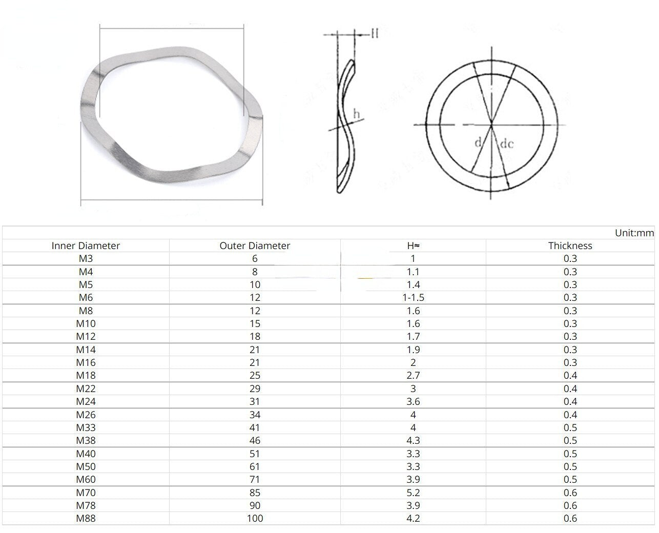 M3-M41-2/5/10/30PCS 304 Stainless Steel Three Wave Washers Spring Washer