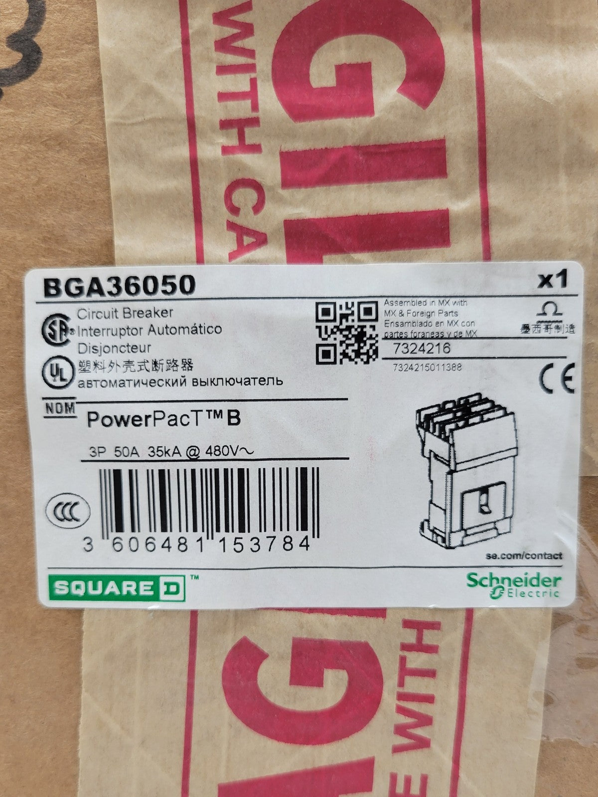 Square D BGA36050 PowerPact I-Line Circuit Breaker 50A 3P 600Y/347V BG50 Green