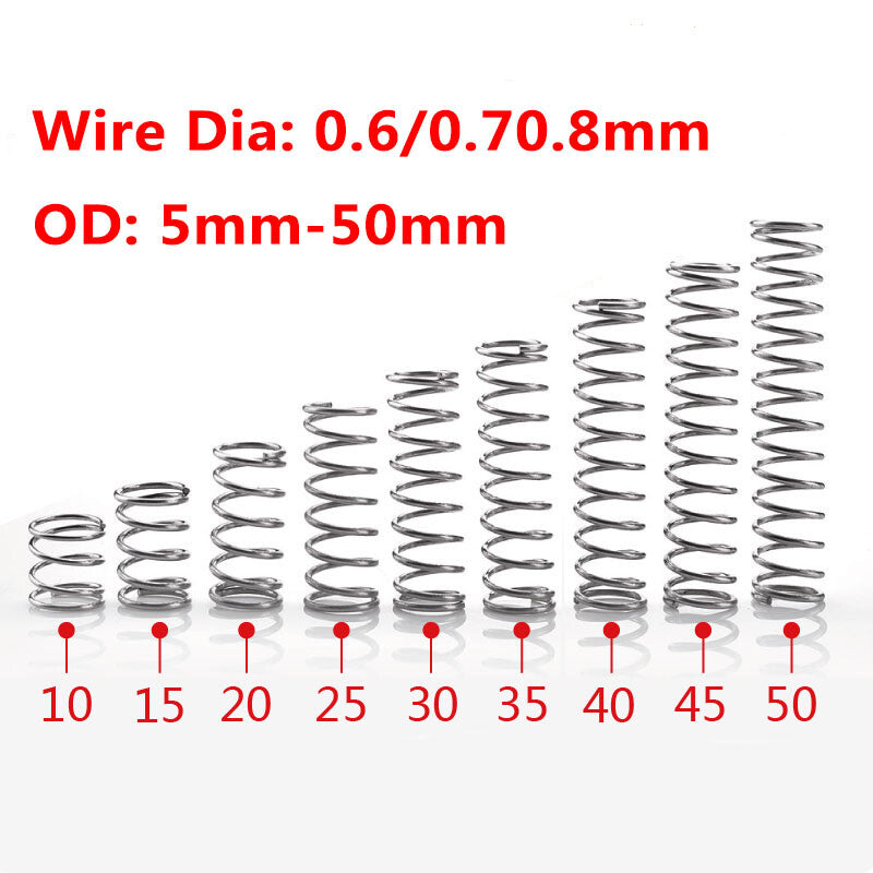 10Pcs Wire Dia 0.6/0.7/0.8mm 304 Stainless Steel Compression Spring OD 5mm-50mm