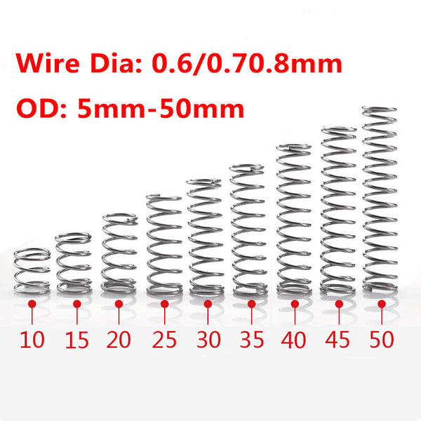 10Pcs Wire Dia 0.6/0.7/0.8mm 304 Stainless Steel Compression Spring OD 5mm-50mm