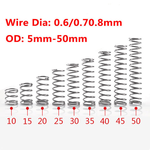 10Pcs Wire Dia 0.6/0.7/0.8mm 304 Stainless Steel Compression Spring OD 5mm-50mm