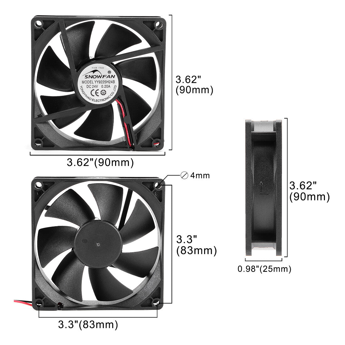 9225 24V DC Cooling Fan with Long Life Dual Ball Bearings 92mm x 92mm x 25mm